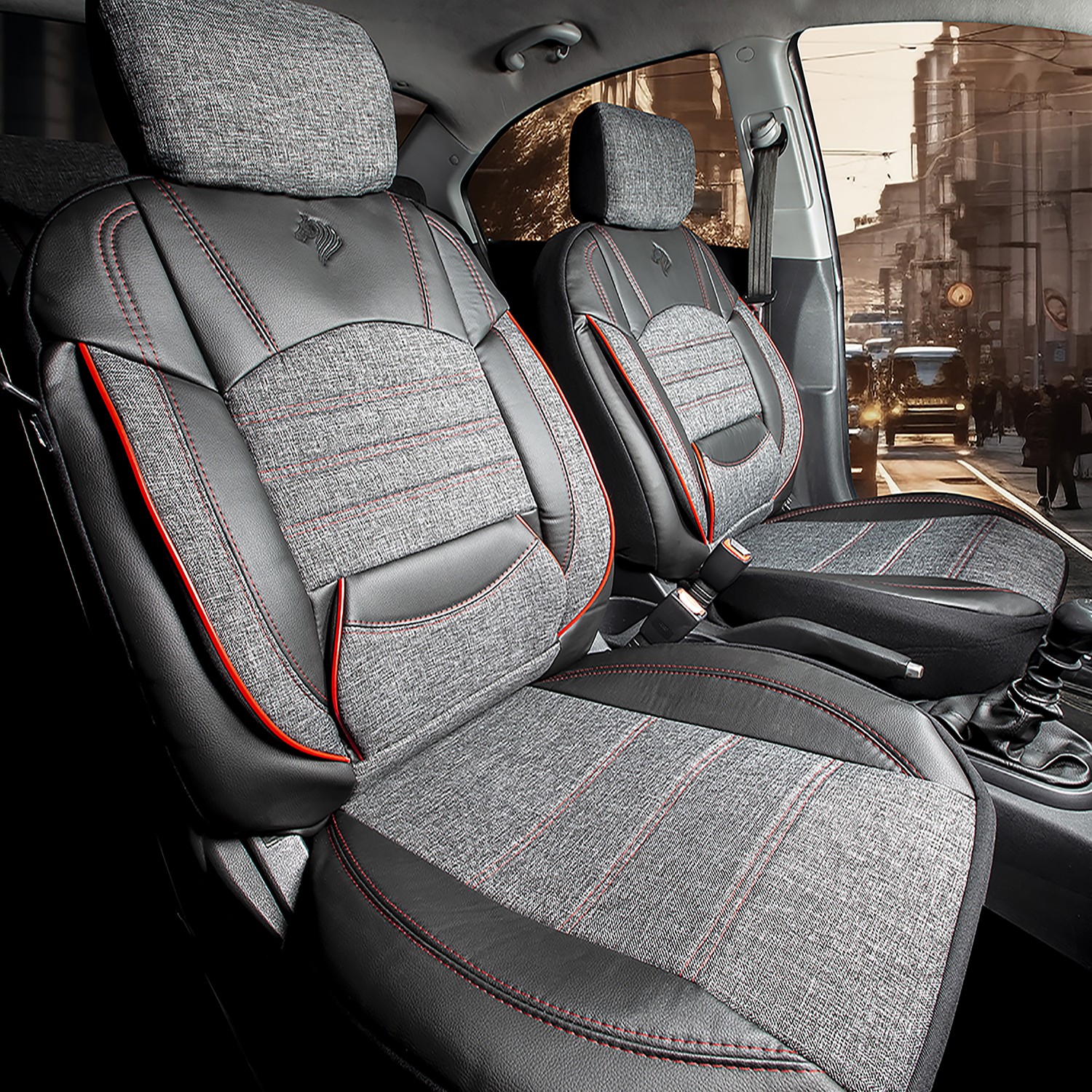 Keten Kumaş Siyah-Kırmızı Kılıf Seti  -